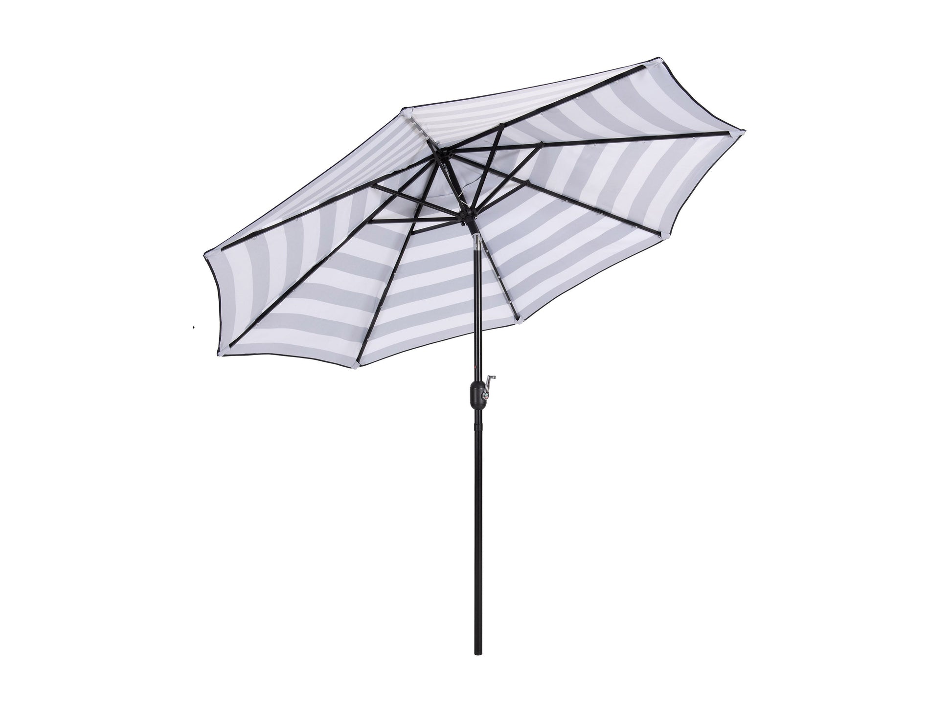 Striped white and black 9ft patio umbrella with LED lights and tilting feature, providing stylish outdoor shade and ambiance.