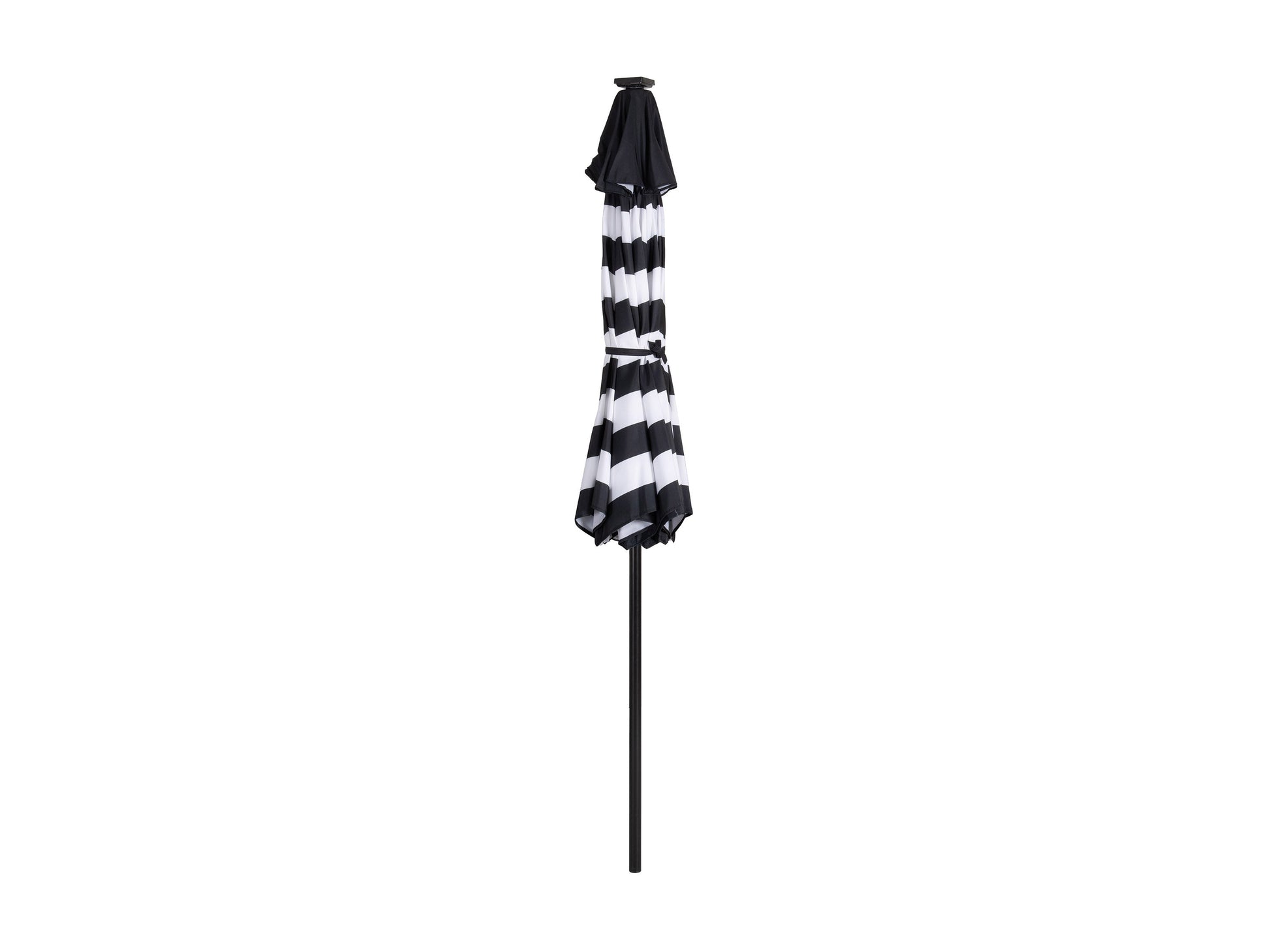 Striped white and black 9ft patio umbrella with LED lights and tilting feature, providing stylish outdoor shade and ambiance.