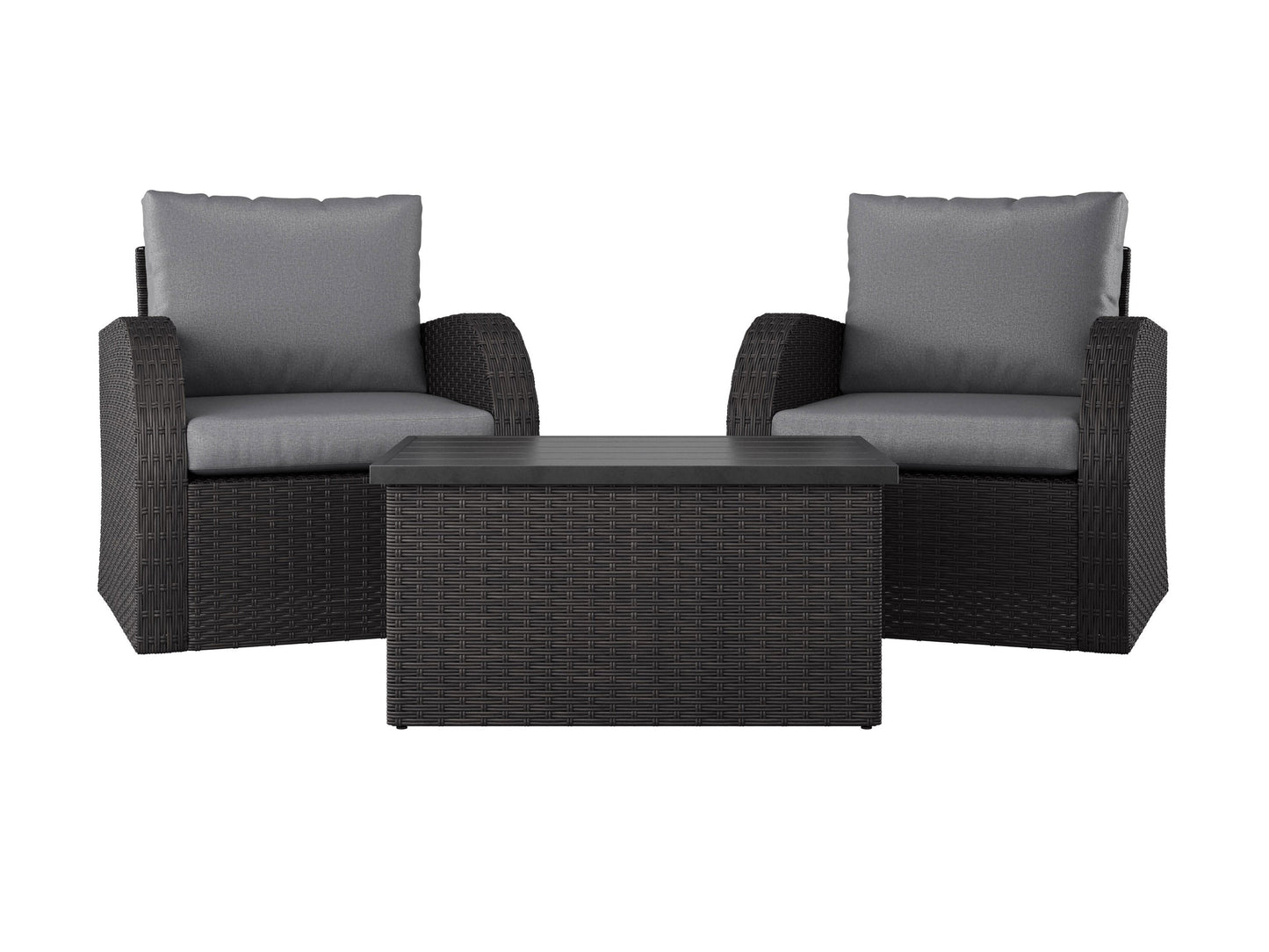 Grey outdoor wicker patio conversation set with a round table and four matching chairs, featuring durable, weather-resistant materials and comfortable cushions for stylish and functional outdoor seating.