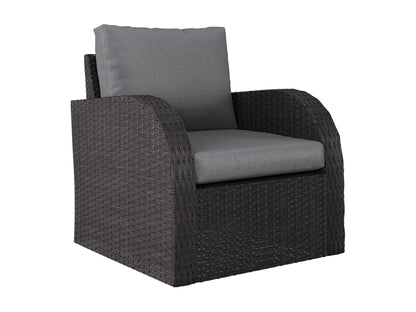 Grey outdoor wicker patio conversation set with a round table and four matching chairs, featuring durable, weather-resistant materials and comfortable cushions for stylish and functional outdoor seating.