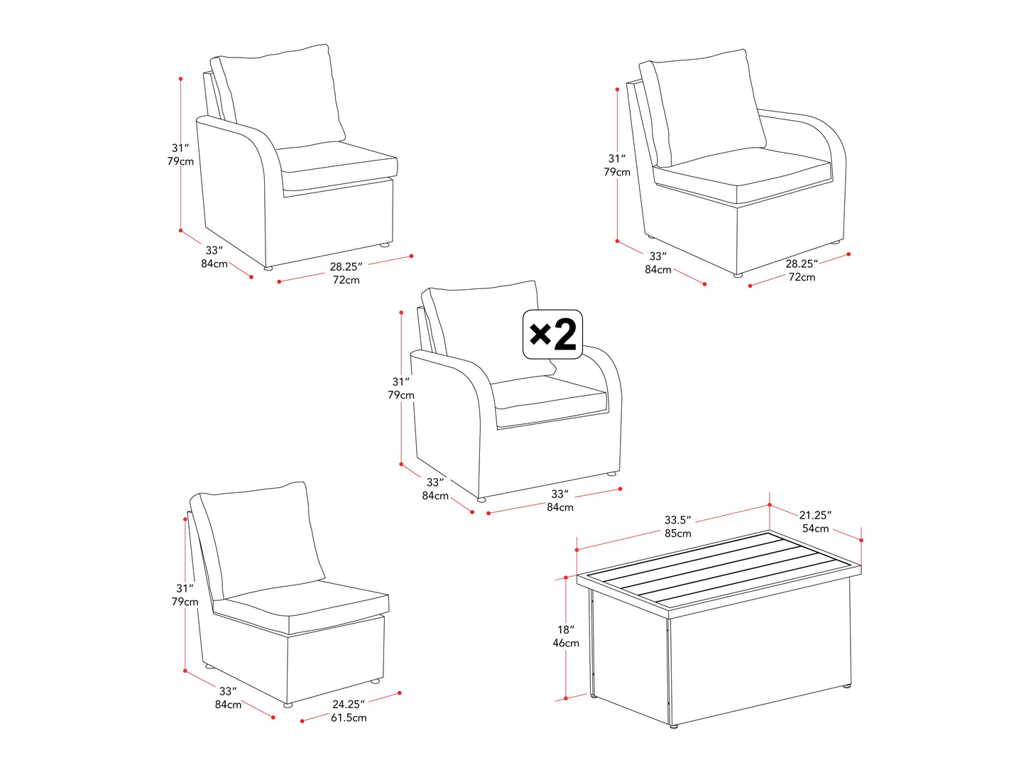 Grey outdoor patio conversation set with six pieces, including a modern sofa, two armchairs, a coffee table, and two ottomans. Features weather-resistant wicker, plush grey cushions, and a sleek tempered glass tabletop.