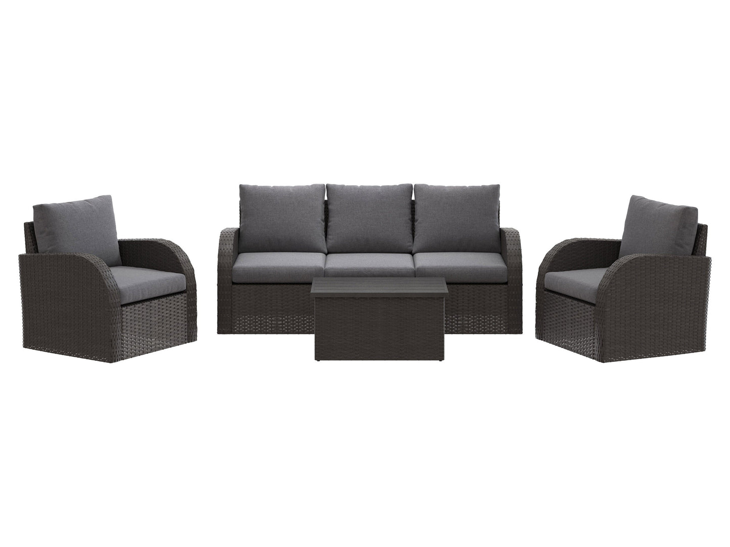 Grey outdoor patio conversation set with six pieces, including a modern sofa, two armchairs, a coffee table, and two ottomans. Features weather-resistant wicker, plush grey cushions, and a sleek tempered glass tabletop.