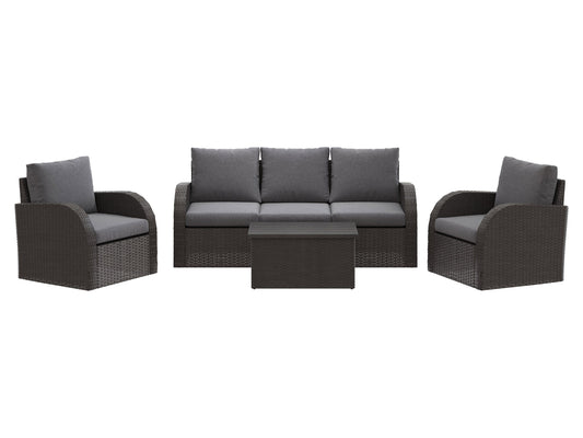 Grey outdoor patio conversation set with six pieces, including a modern sofa, two armchairs, a coffee table, and two ottomans. Features weather-resistant wicker, plush grey cushions, and a sleek tempered glass tabletop.