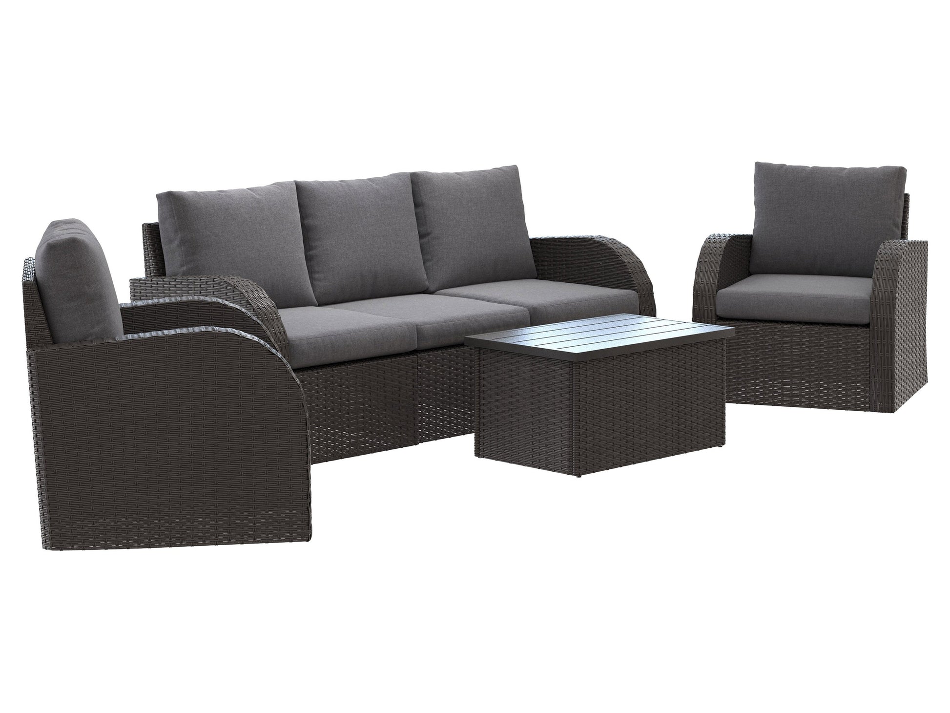 Grey outdoor patio conversation set with six pieces, including a modern sofa, two armchairs, a coffee table, and two ottomans. Features weather-resistant wicker, plush grey cushions, and a sleek tempered glass tabletop.