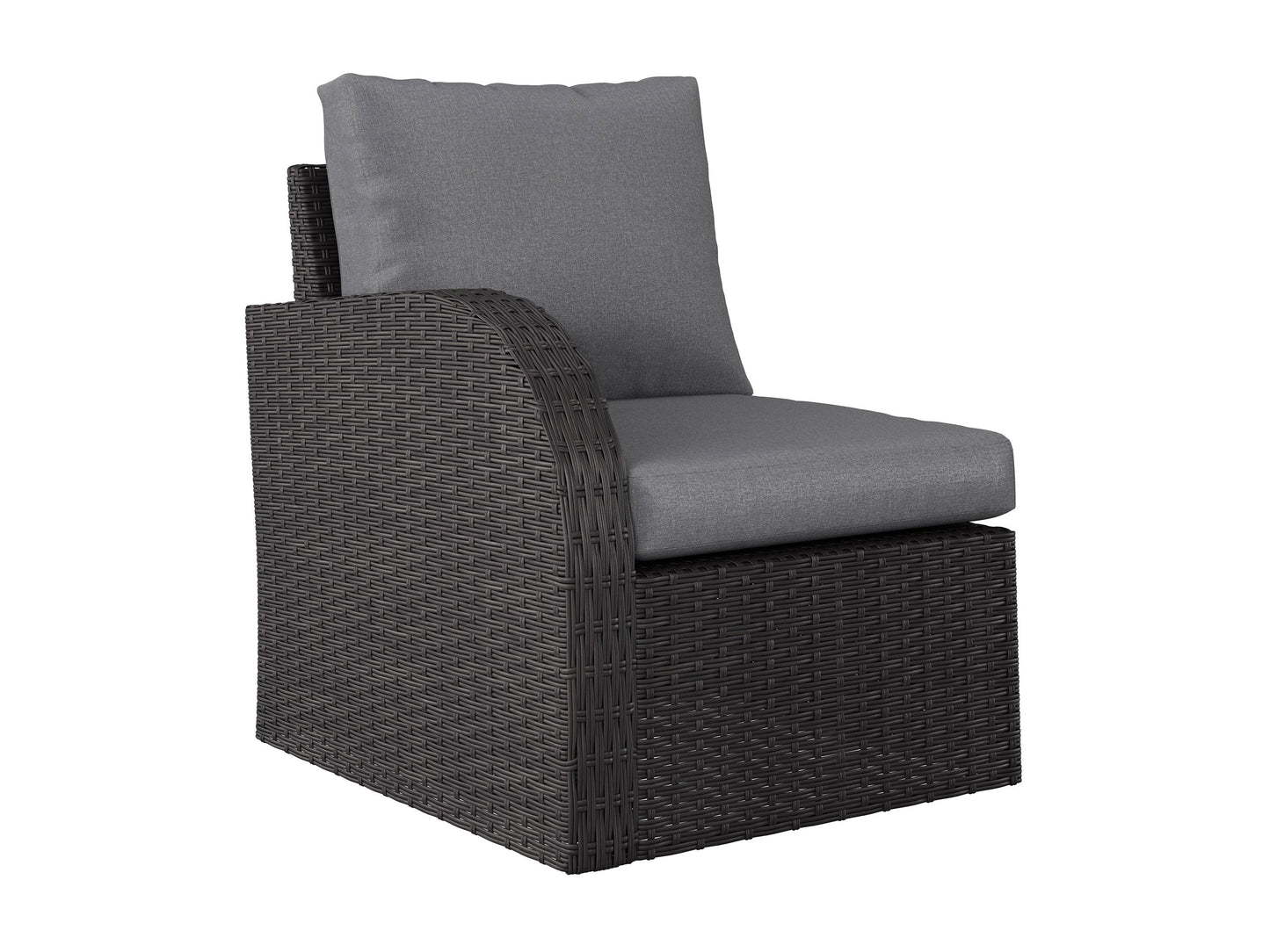 Grey outdoor patio conversation set with six pieces, including a modern sofa, two armchairs, a coffee table, and two ottomans. Features weather-resistant wicker, plush grey cushions, and a sleek tempered glass tabletop.