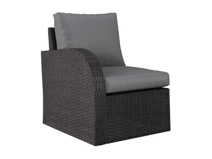 Grey outdoor patio conversation set with six pieces, including a modern sofa, two armchairs, a coffee table, and two ottomans. Features weather-resistant wicker, plush grey cushions, and a sleek tempered glass tabletop.