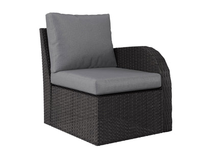 Grey outdoor patio conversation set with six pieces, including a modern sofa, two armchairs, a coffee table, and two ottomans. Features weather-resistant wicker, plush grey cushions, and a sleek tempered glass tabletop.