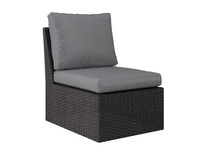 Grey outdoor patio conversation set with six pieces, including a modern sofa, two armchairs, a coffee table, and two ottomans. Features weather-resistant wicker, plush grey cushions, and a sleek tempered glass tabletop.