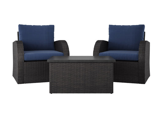 Alt text: "Outdoor wicker patio conversation set with a blue table and chairs, featuring durable rattan material and comfortable cushions, perfect for garden or backyard relaxation."