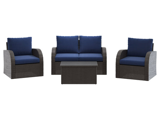 Blue outdoor loveseat set with two chairs, a coffee table, and two ottomans. Features weather-resistant cushions, rattan wicker frames, and a modern design perfect for patio or garden seating.