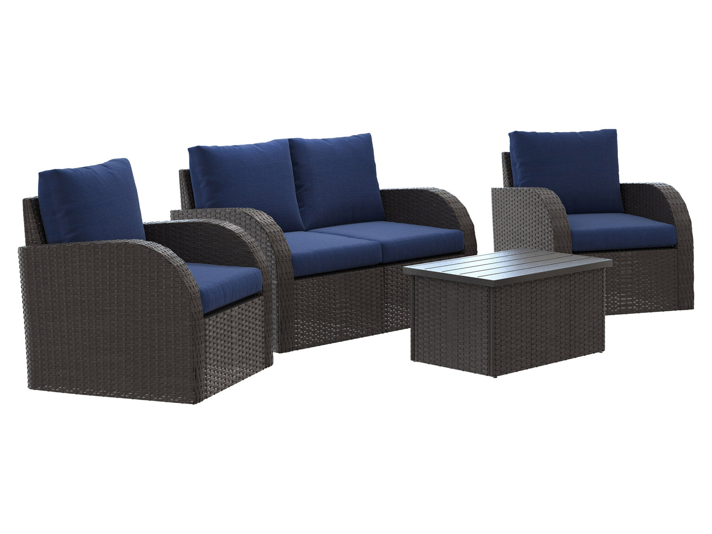 Blue outdoor loveseat set with two chairs, a coffee table, and two ottomans. Features weather-resistant cushions, rattan wicker frames, and a modern design perfect for patio or garden seating.