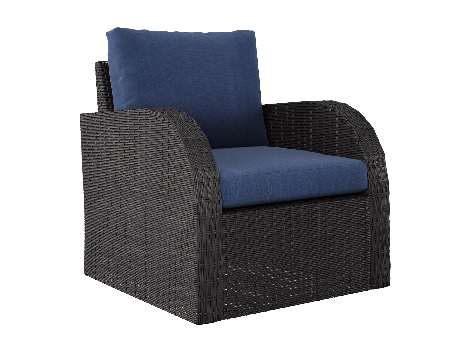 Blue outdoor loveseat set with two chairs, a coffee table, and two ottomans. Features weather-resistant cushions, rattan wicker frames, and a modern design perfect for patio or garden seating.