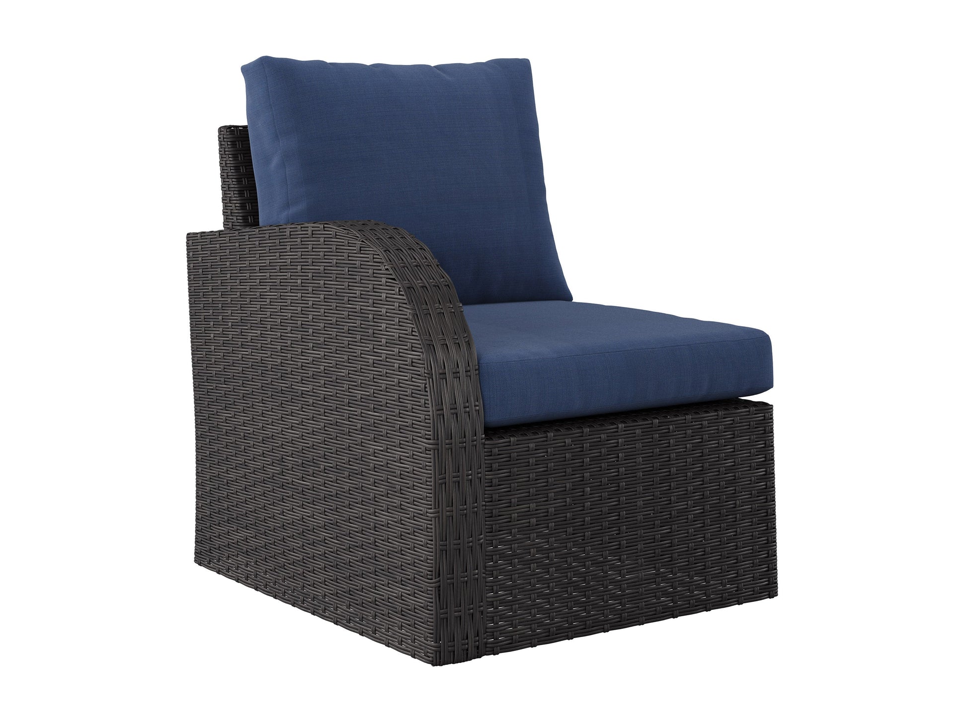 Blue outdoor loveseat set with two chairs, a coffee table, and two ottomans. Features weather-resistant cushions, rattan wicker frames, and a modern design perfect for patio or garden seating.