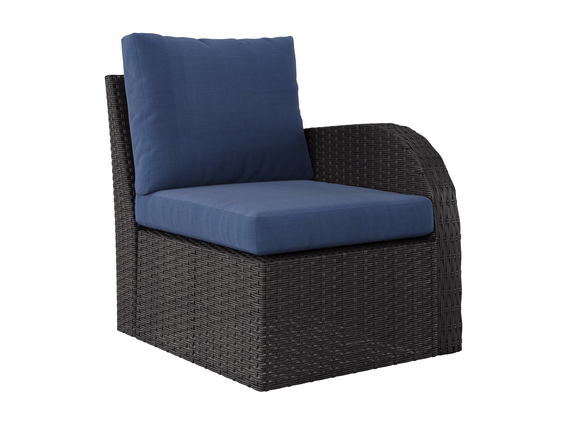 Blue outdoor loveseat set with two chairs, a coffee table, and two ottomans. Features weather-resistant cushions, rattan wicker frames, and a modern design perfect for patio or garden seating.