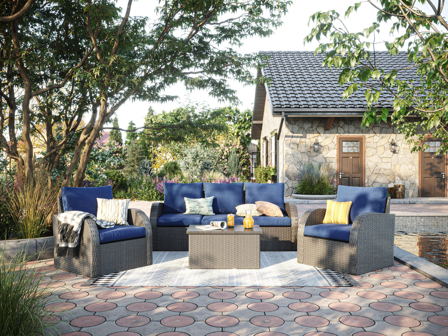 Blue outdoor sofa set with six pieces, featuring durable wicker construction, plush navy cushions, and a glass-top coffee table. Ideal for patio lounging and outdoor gatherings. Weather-resistant and stylish.