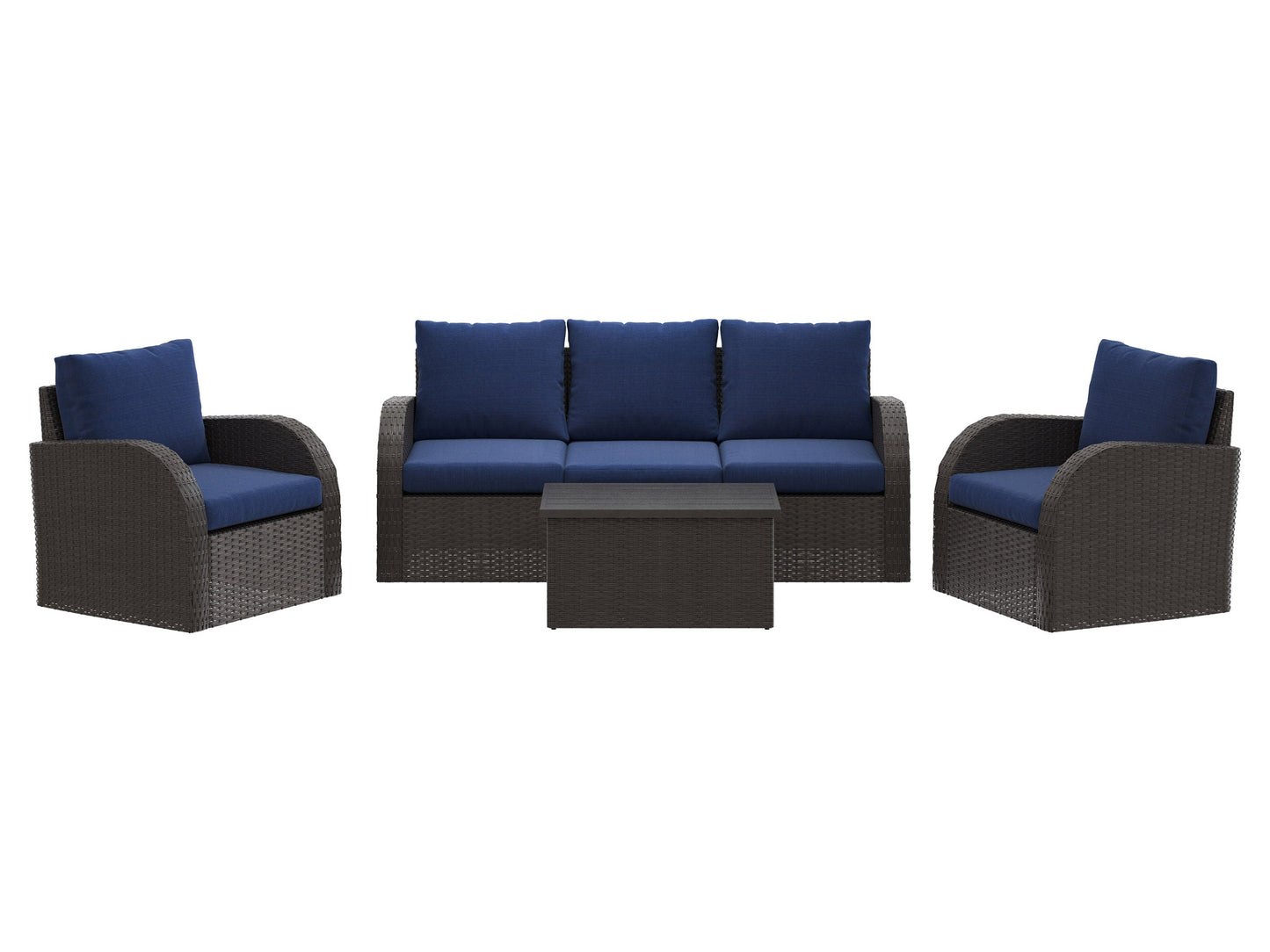 Blue outdoor sofa set with six pieces, featuring durable wicker construction, plush navy cushions, and a glass-top coffee table. Ideal for patio lounging and outdoor gatherings. Weather-resistant and stylish.