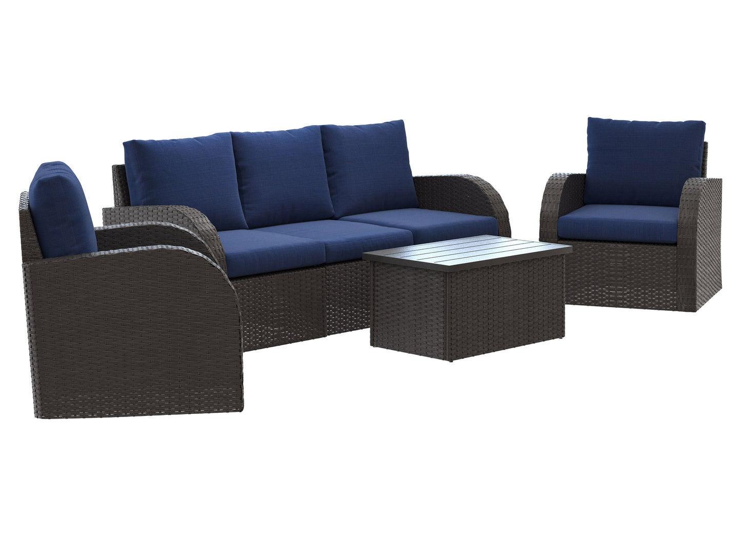 Blue outdoor sofa set with six pieces, featuring durable wicker construction, plush navy cushions, and a glass-top coffee table. Ideal for patio lounging and outdoor gatherings. Weather-resistant and stylish.