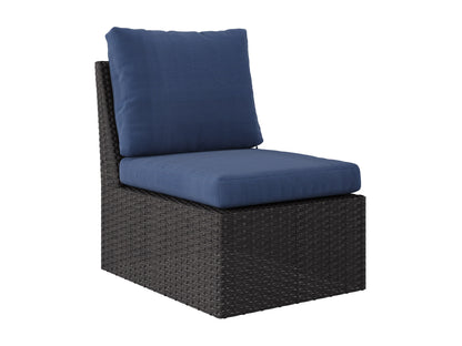 Blue outdoor sofa set with six pieces, featuring durable wicker construction, plush navy cushions, and a glass-top coffee table. Ideal for patio lounging and outdoor gatherings. Weather-resistant and stylish.