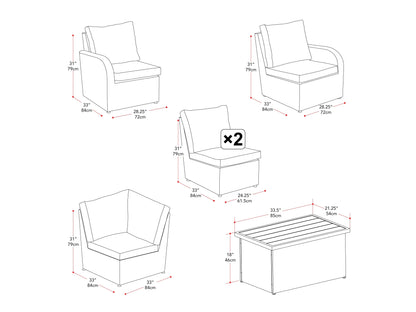 Outdoor wicker sectional set with blue cushions, 6-piece patio furniture including sofa sections and a coffee table, featuring durable rattan material, weather-resistant fabric, and modern design for outdoor living spaces.