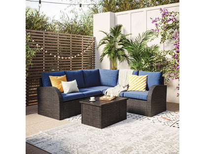 Outdoor wicker sectional set with blue cushions, 6-piece patio furniture including sofa sections and a coffee table, featuring durable rattan material, weather-resistant fabric, and modern design for outdoor living spaces.