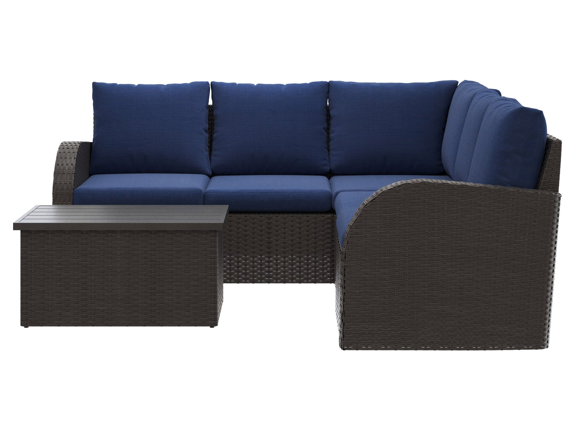 Outdoor wicker sectional set with blue cushions, 6-piece patio furniture including sofa sections and a coffee table, featuring durable rattan material, weather-resistant fabric, and modern design for outdoor living spaces.