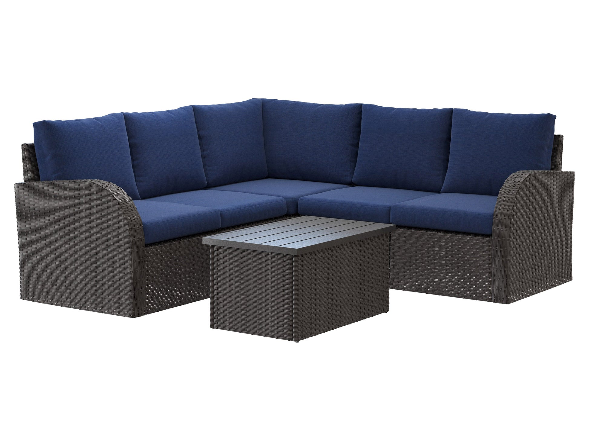 Outdoor wicker sectional set with blue cushions, 6-piece patio furniture including sofa sections and a coffee table, featuring durable rattan material, weather-resistant fabric, and modern design for outdoor living spaces.