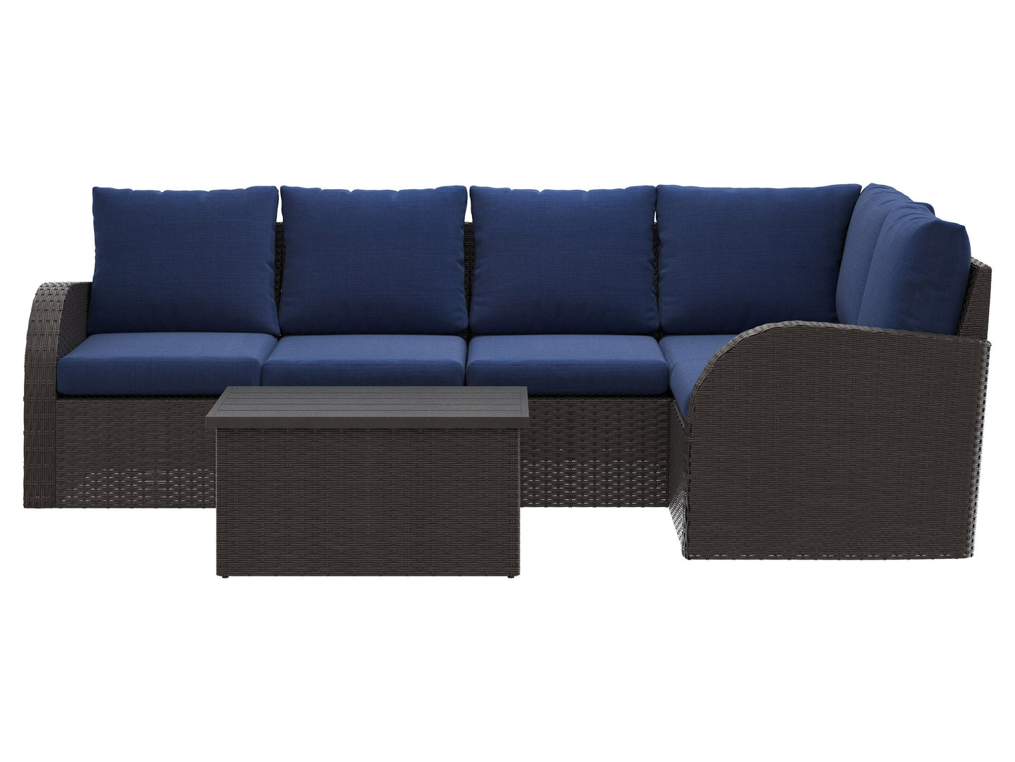 Outdoor wicker sectional set with blue cushions, 6-piece patio furniture including sofa sections and a coffee table, featuring durable rattan material, weather-resistant fabric, and modern design for outdoor living spaces.