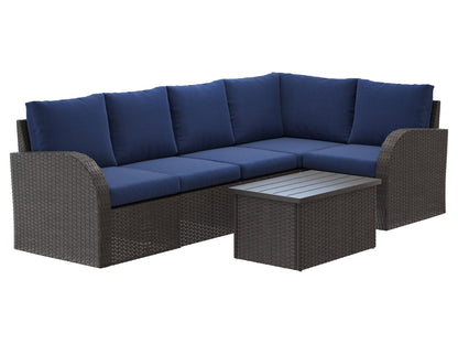 Outdoor wicker sectional set with blue cushions, 6-piece patio furniture including sofa sections and a coffee table, featuring durable rattan material, weather-resistant fabric, and modern design for outdoor living spaces.