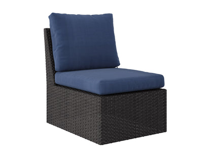 Outdoor wicker sectional set with blue cushions, 6-piece patio furniture including sofa sections and a coffee table, featuring durable rattan material, weather-resistant fabric, and modern design for outdoor living spaces.