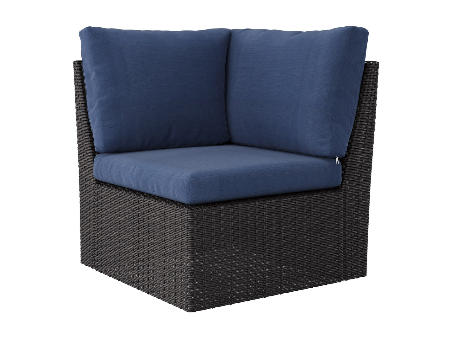 Outdoor wicker sectional set with blue cushions, 6-piece patio furniture including sofa sections and a coffee table, featuring durable rattan material, weather-resistant fabric, and modern design for outdoor living spaces.