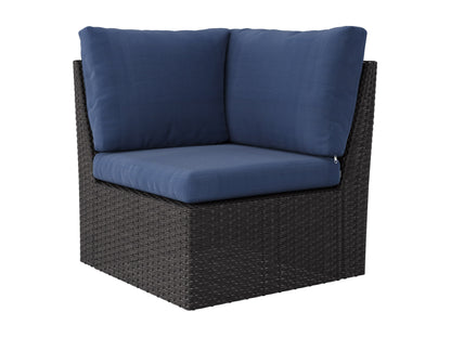 Outdoor wicker sectional set with blue cushions, 6-piece patio furniture including sofa sections and a coffee table, featuring durable rattan material, weather-resistant fabric, and modern design for outdoor living spaces.