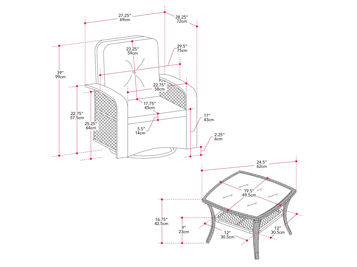 Grey swivel patio chairs set, 3-piece, featuring durable metal frames, comfortable cushions, and a matching side table. Ideal for outdoor use, the set offers a modern design with weather-resistant materials.