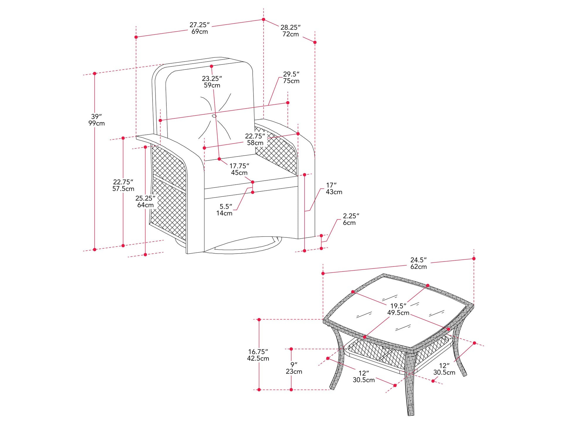 Grey swivel patio chairs set, 3-piece, featuring durable metal frames, comfortable cushions, and a matching side table. Ideal for outdoor use, the set offers a modern design with weather-resistant materials.