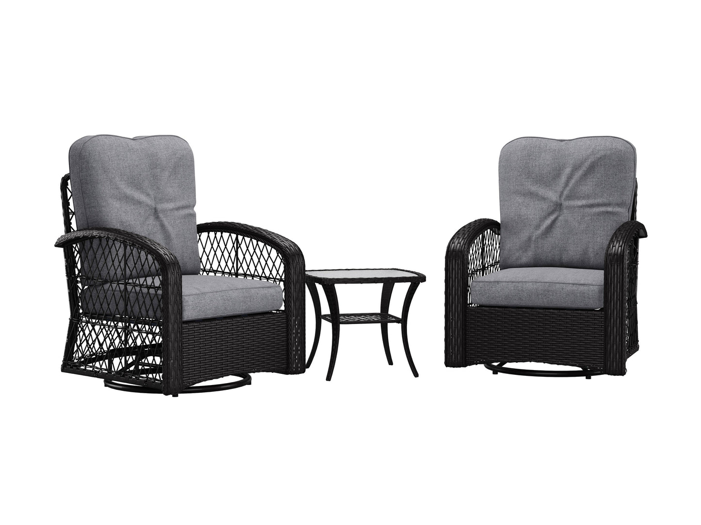 Grey swivel patio chairs set, 3-piece, featuring durable metal frames, comfortable cushions, and a matching side table. Ideal for outdoor use, the set offers a modern design with weather-resistant materials.