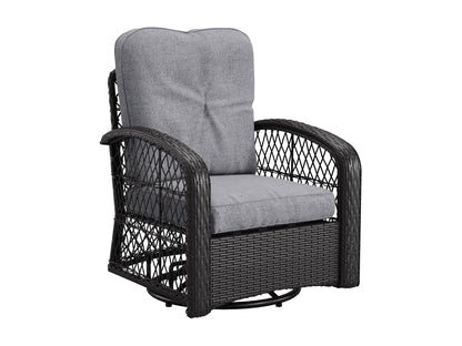 Grey swivel patio chairs set, 3-piece, featuring durable metal frames, comfortable cushions, and a matching side table. Ideal for outdoor use, the set offers a modern design with weather-resistant materials.