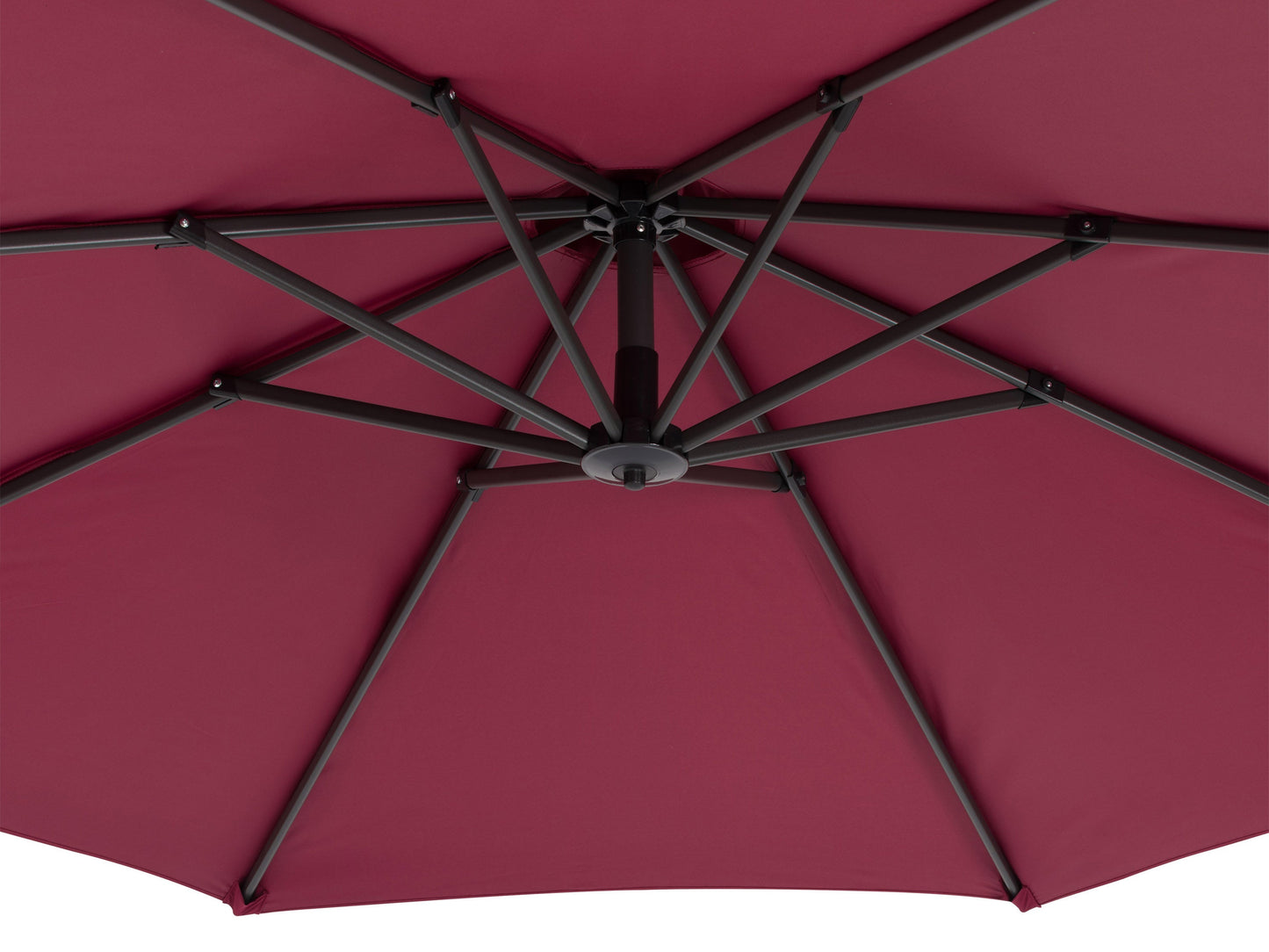 Wine red cantilever patio umbrella with sturdy base, adjustable tilt, and UV-resistant canopy, perfect for outdoor shade on patios or gardens.