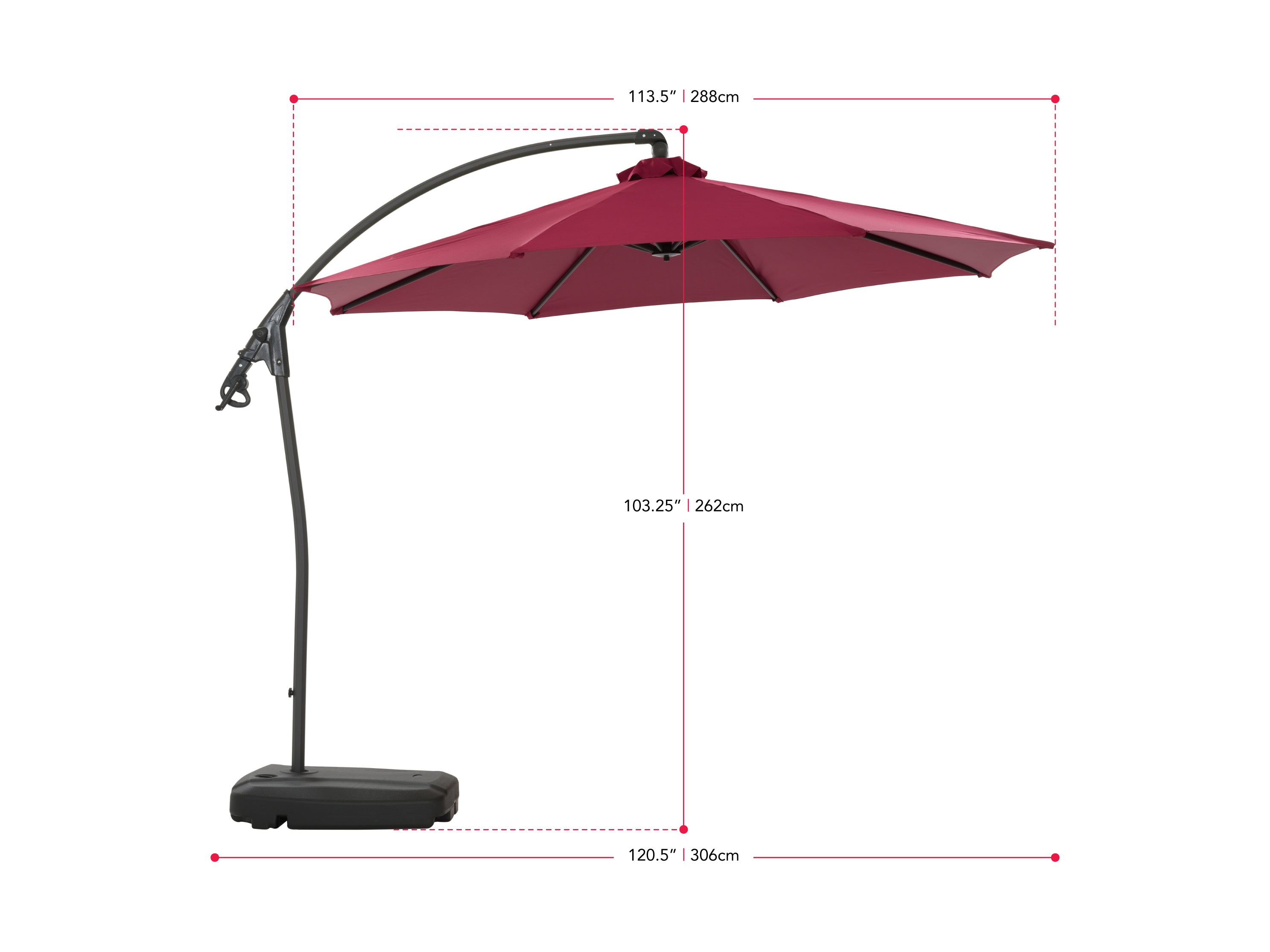 Wine red cantilever patio umbrella with sturdy base, adjustable tilt, and UV-resistant canopy, perfect for outdoor shade on patios or gardens.