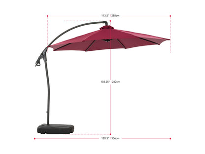 Wine red cantilever patio umbrella with sturdy base, adjustable tilt, and UV-resistant canopy, perfect for outdoor shade on patios or gardens.