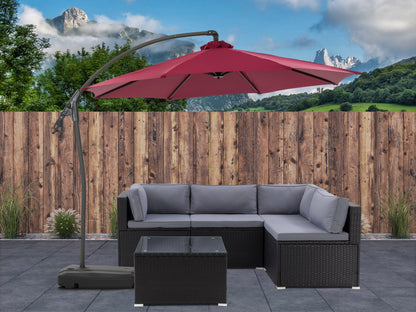 Wine red cantilever patio umbrella with sturdy base, adjustable tilt, and UV-resistant canopy, perfect for outdoor shade on patios or gardens.