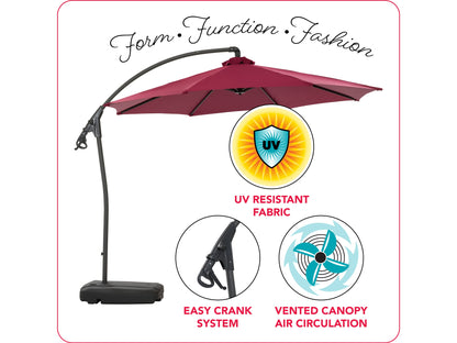 Wine red cantilever patio umbrella with sturdy base, adjustable tilt, and UV-resistant canopy, perfect for outdoor shade on patios or gardens.