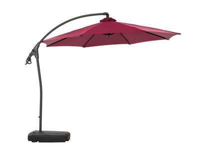 Wine red cantilever patio umbrella with sturdy base, adjustable tilt, and UV-resistant canopy, perfect for outdoor shade on patios or gardens.