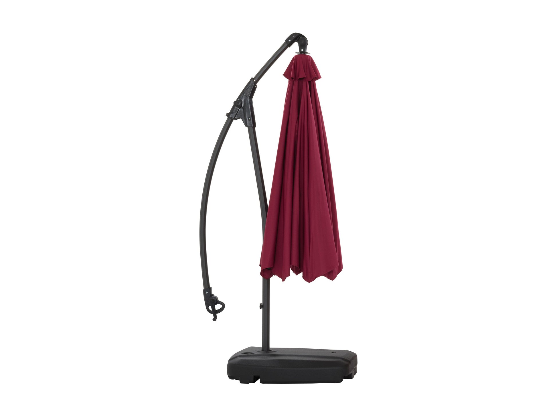 Wine red cantilever patio umbrella with sturdy base, adjustable tilt, and UV-resistant canopy, perfect for outdoor shade on patios or gardens.