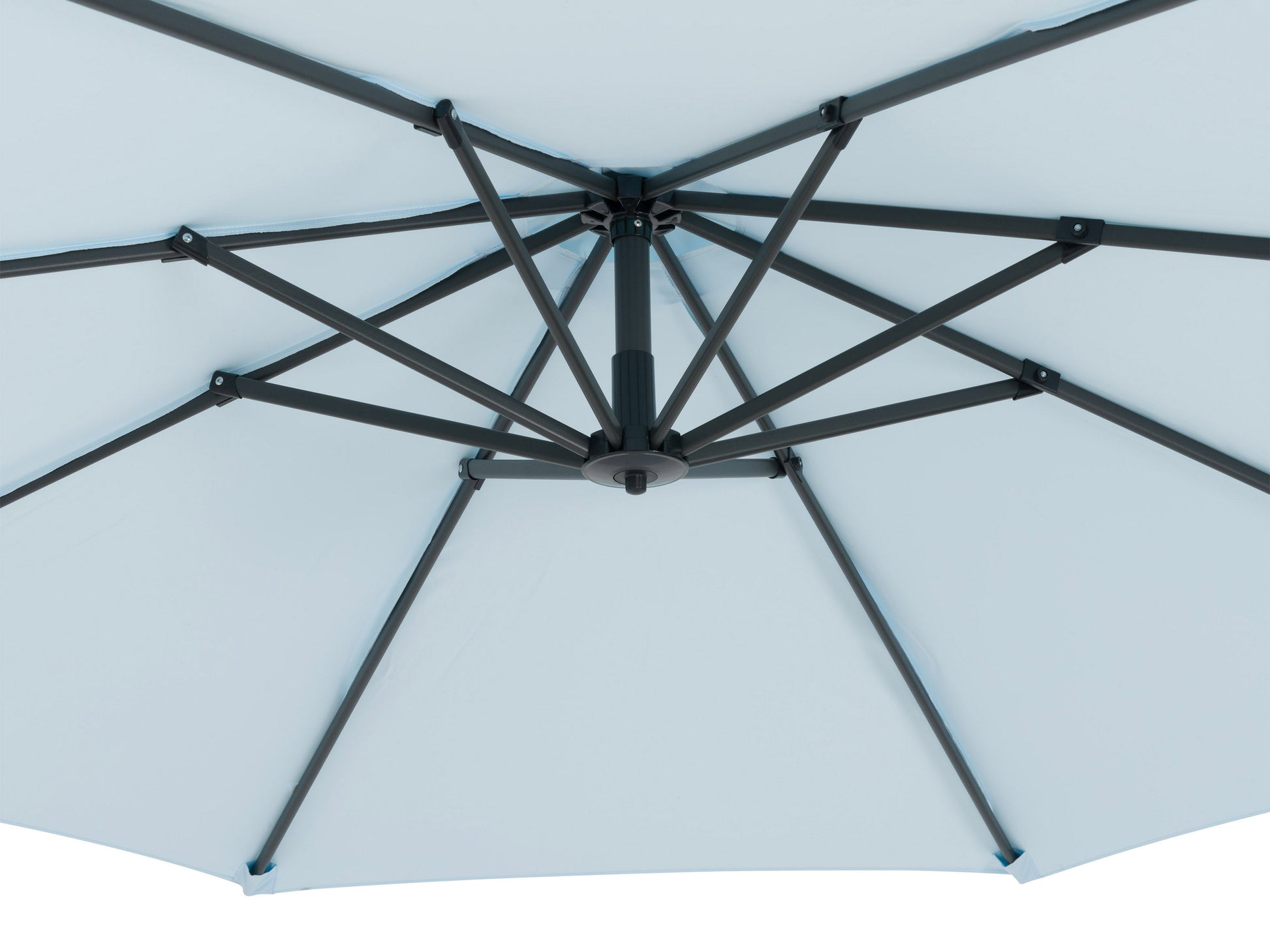 Light blue cantilever patio umbrella with sturdy base, adjustable tilt, and UV-resistant fabric, providing ample shade for outdoor seating areas.