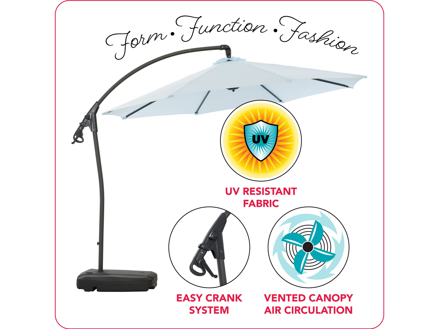 Light blue cantilever patio umbrella with sturdy base, adjustable tilt, and UV-resistant fabric, providing ample shade for outdoor seating areas.