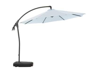 Light blue cantilever patio umbrella with sturdy base, adjustable tilt, and UV-resistant fabric, providing ample shade for outdoor seating areas.