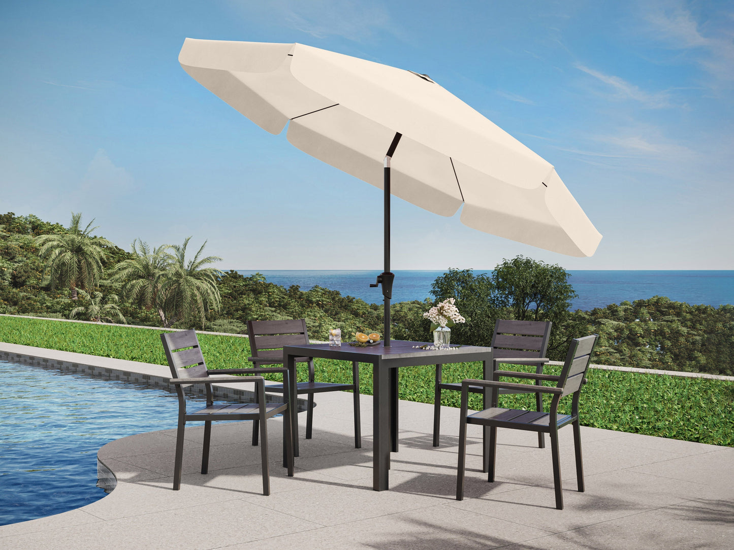 10ft round tilting patio umbrella in warm white, featuring a sturdy aluminum frame, UV-resistant fabric, and easy crank lift system, perfect for outdoor garden or patio shade.