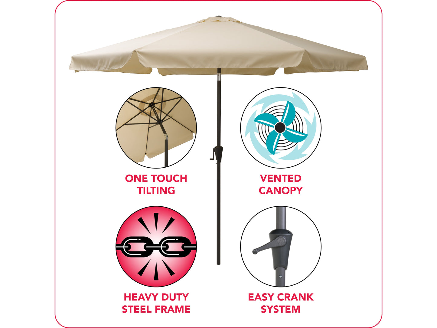 10ft round tilting patio umbrella in warm white, featuring a sturdy aluminum frame, UV-resistant fabric, and easy crank lift system, perfect for outdoor garden or patio shade.