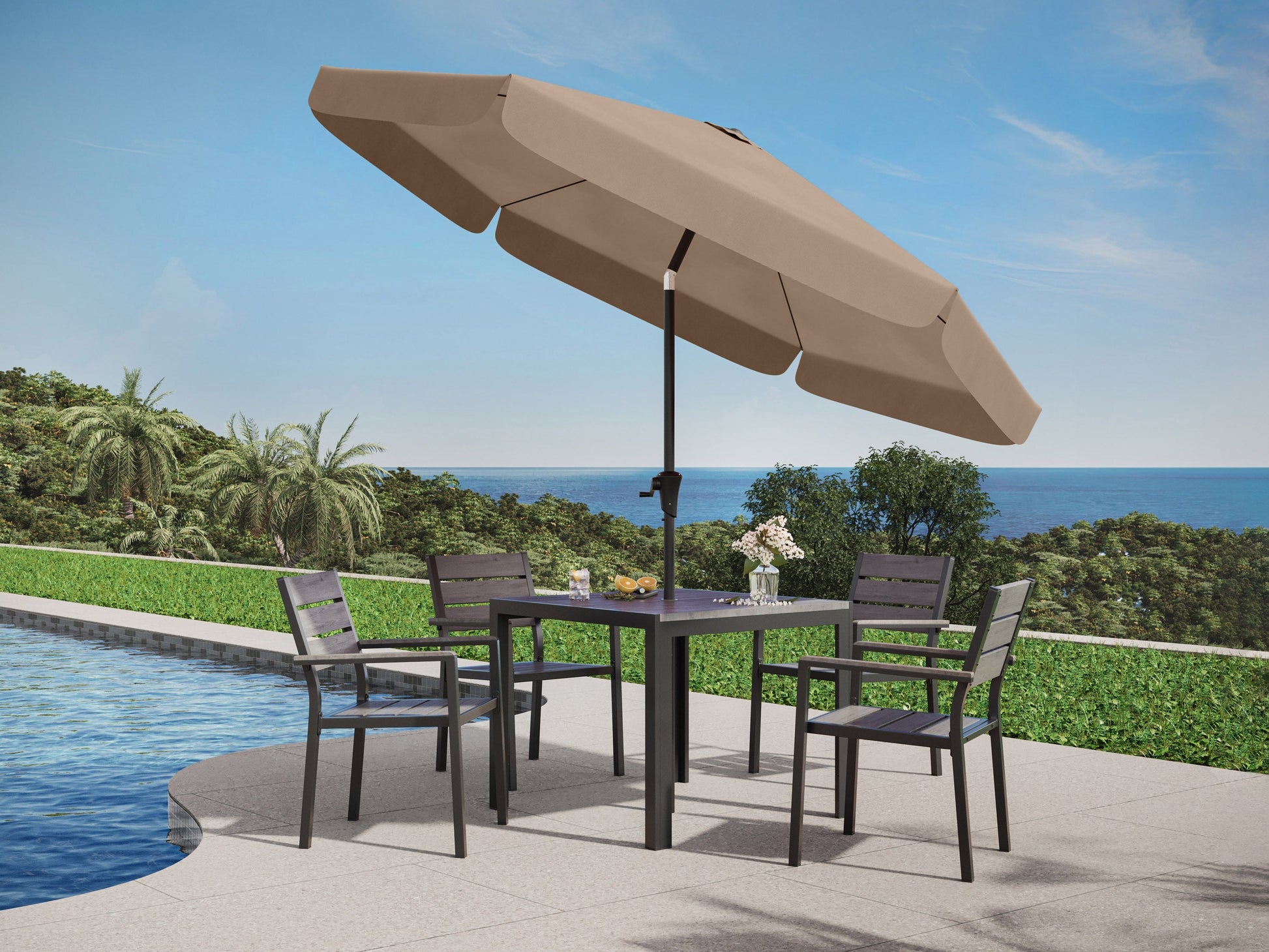 Brown 10ft round patio umbrella with tilting feature, sturdy aluminum pole, and weather-resistant fabric, perfect for outdoor garden or deck shade.