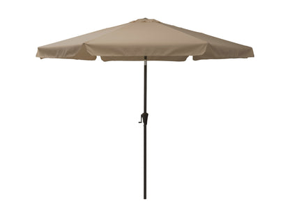 Brown 10ft round patio umbrella with tilting feature, sturdy aluminum pole, and weather-resistant fabric, perfect for outdoor garden or deck shade.