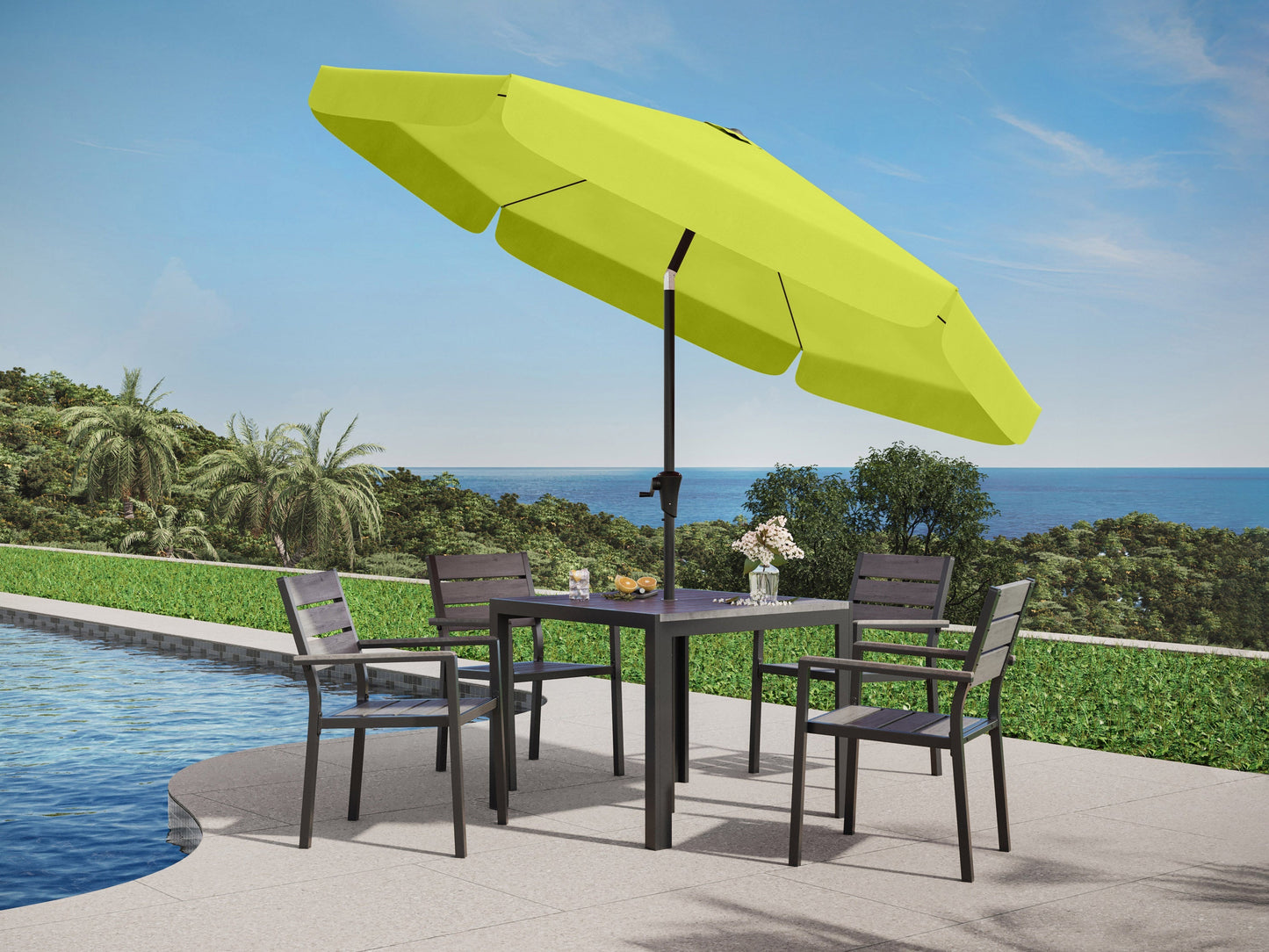 Lime green 10ft round patio umbrella with tilting mechanism, sturdy aluminum pole, and UV-resistant fabric, perfect for outdoor shade and garden decor.